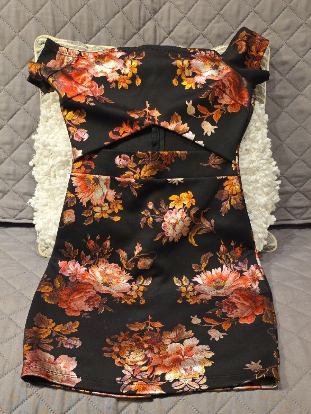 Privy Black Mini Dress with Pink & Orange Floral Foil Like Print Cutout - Picture 7 of 15